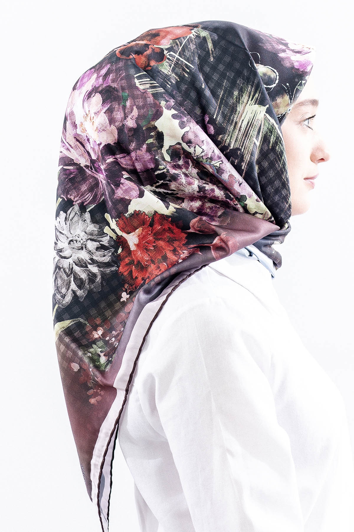 Dg14823 Eşarp Polyester Kumas Cicek Kare - Kahve - 2