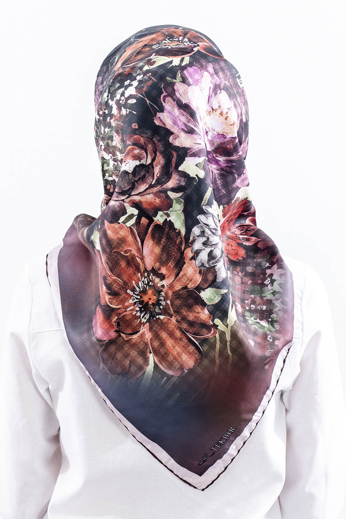 Dg14823 Eşarp Polyester Kumas Cicek Kare - Kahve - 3