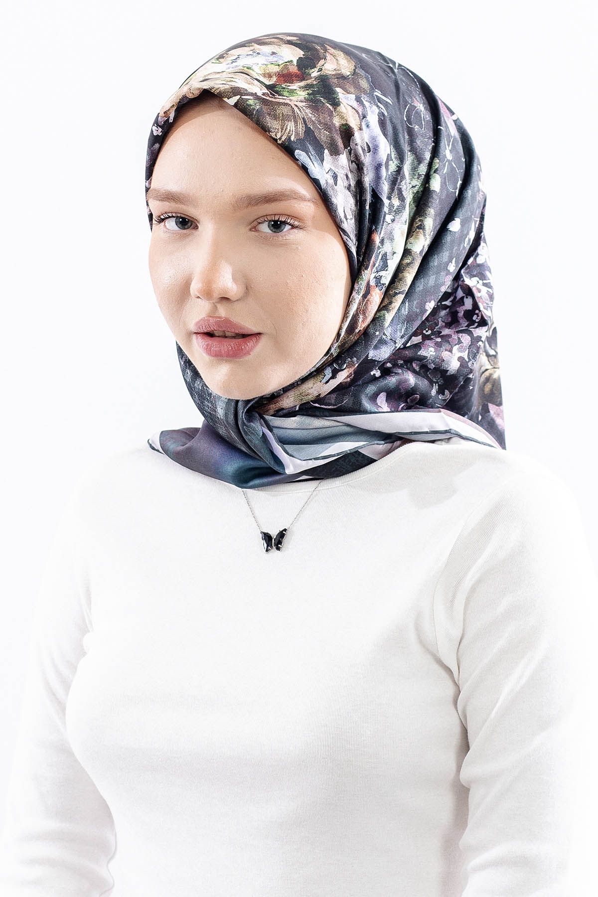 Dg14823 Eşarp Polyester Kumas Cicek Kare - Petrol - 2