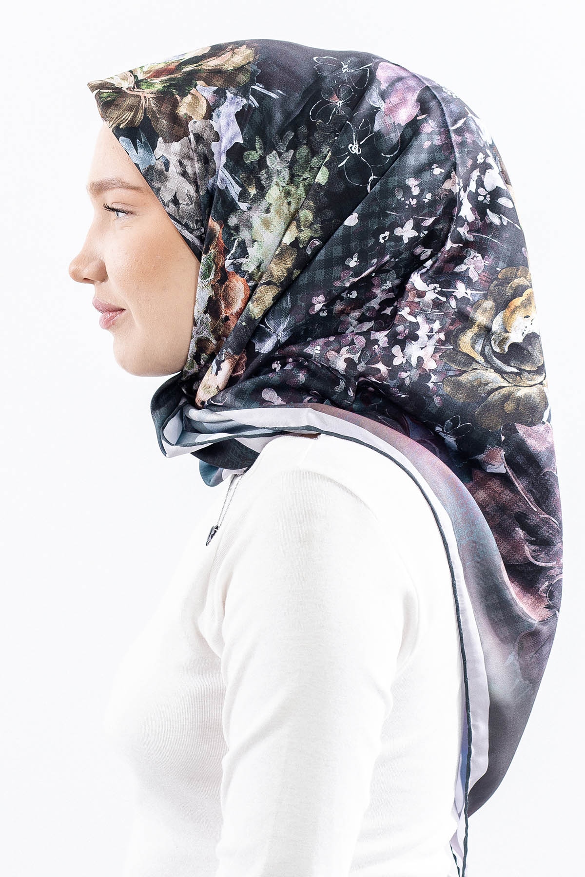 Dg14823 Eşarp Polyester Kumas Cicek Kare - Petrol - 3