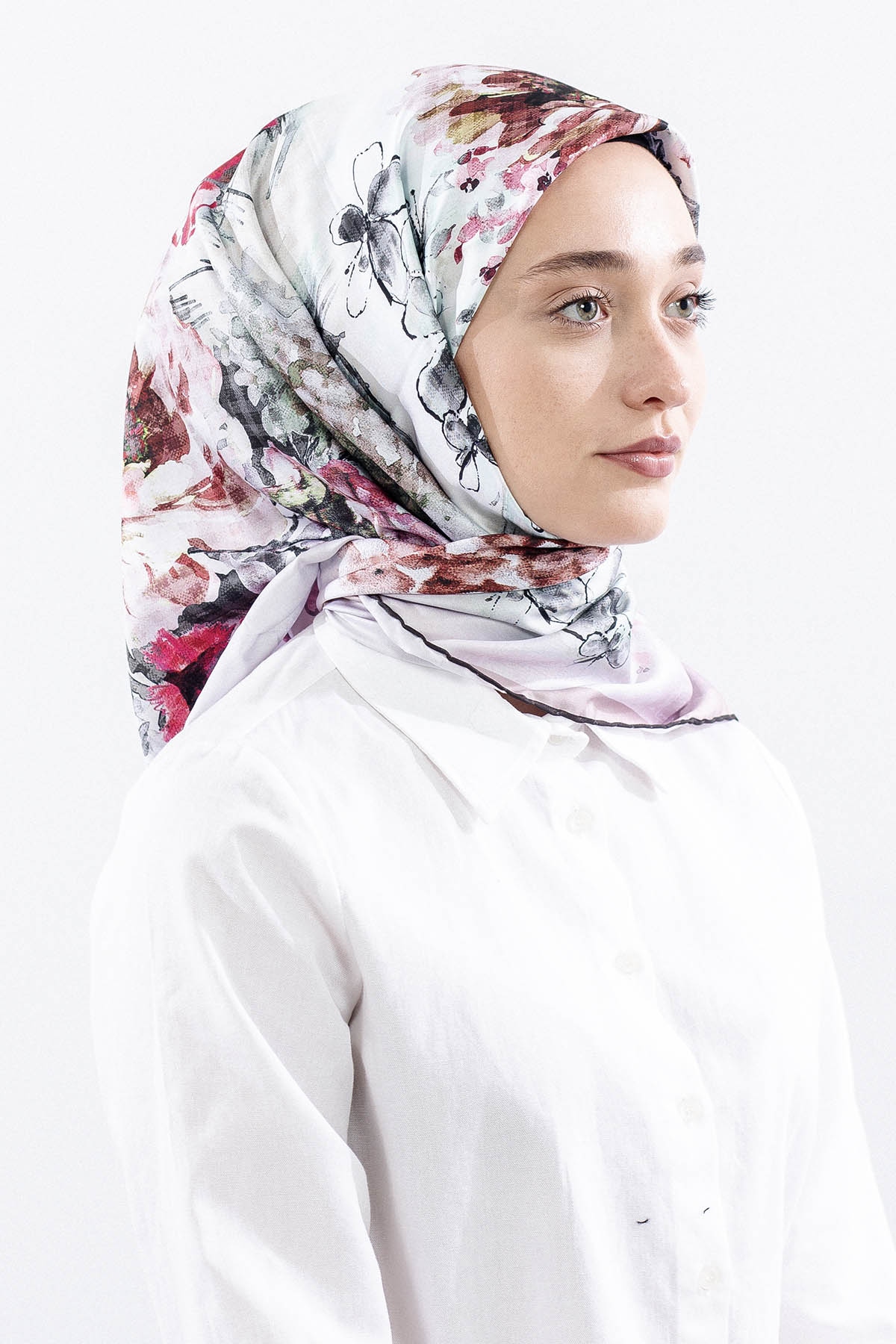 Dg14823 Eşarp Polyester Kumas Cicek Kare - Pudra - 2