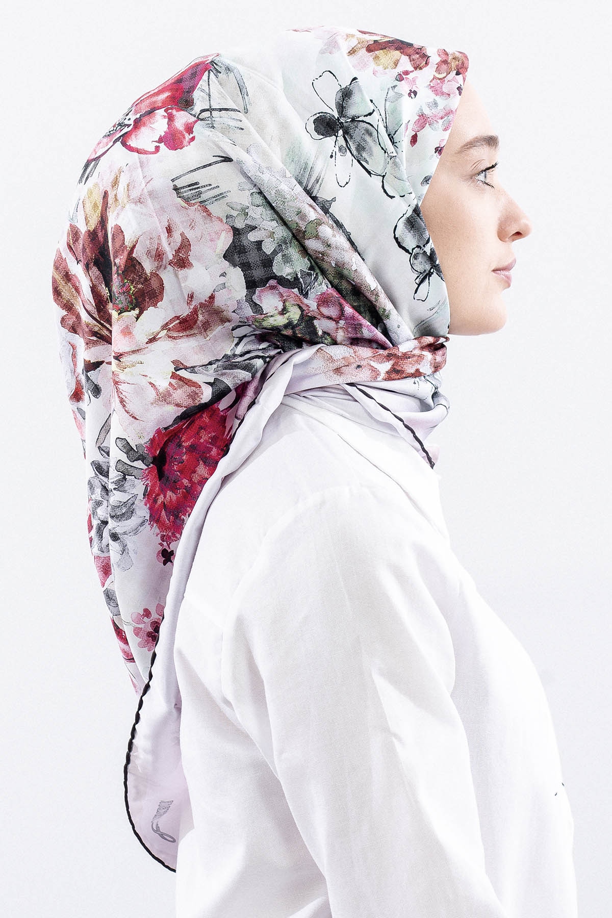 Dg14823 Eşarp Polyester Kumas Cicek Kare - Pudra - 3