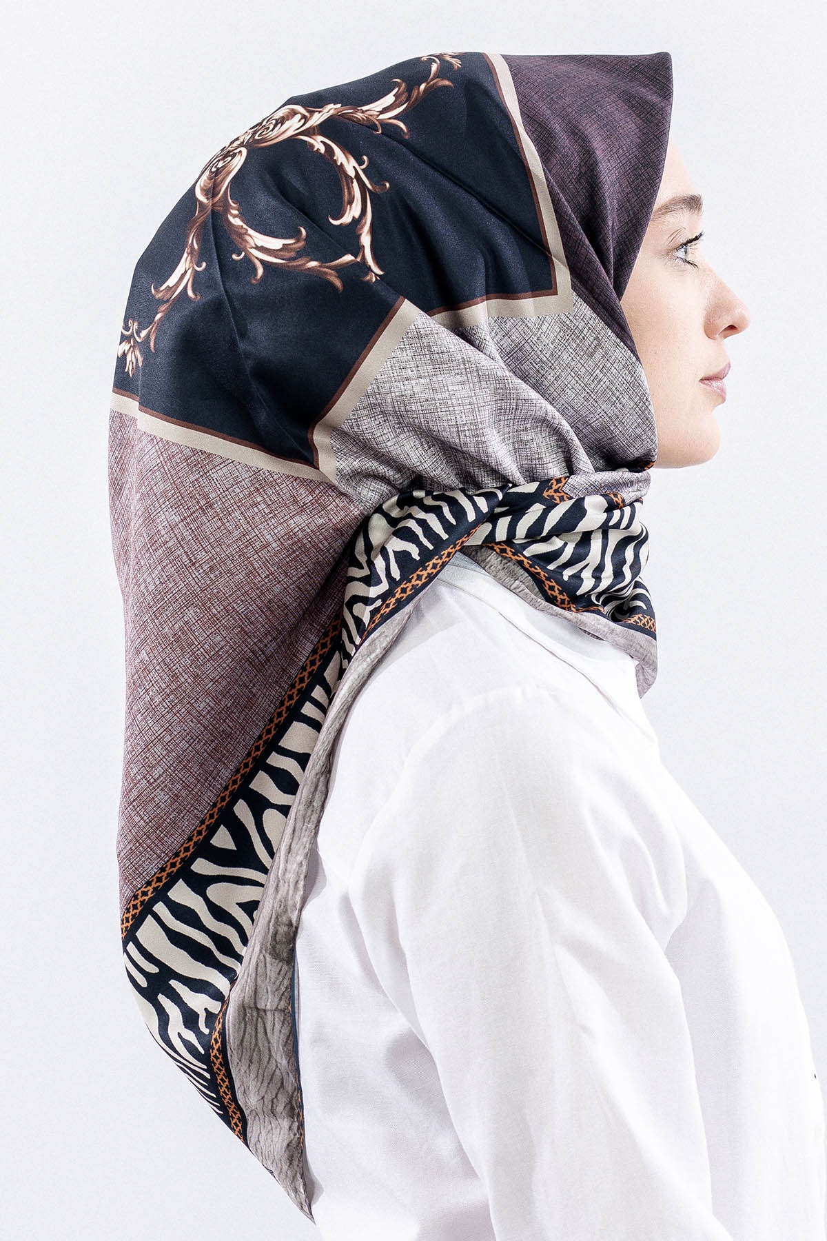 Dg14824 Eşarp Polyester Kumas Zincir Desen - Kahve - 3