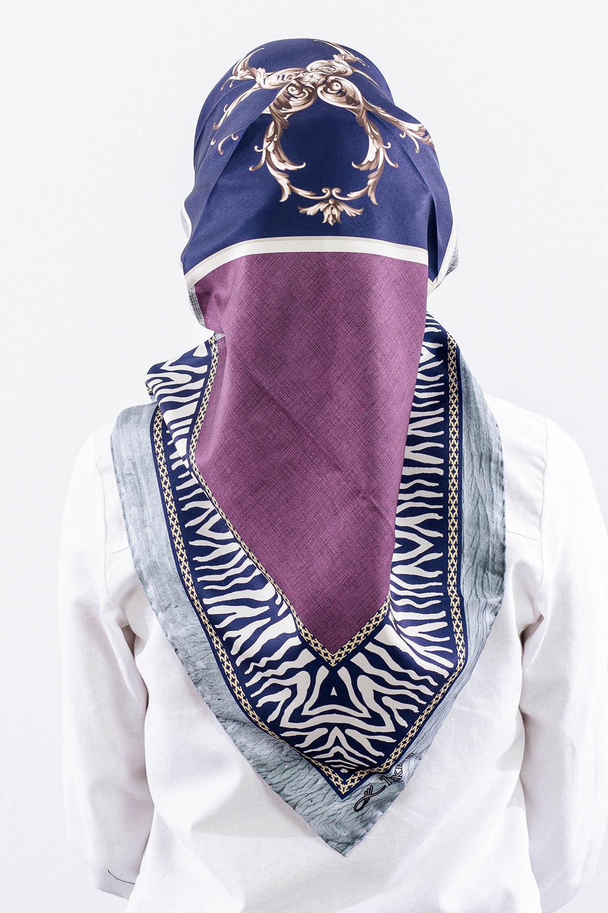 Dg14824 Eşarp Polyester Kumas Zincir Desen - Lacivert_pudra - 4