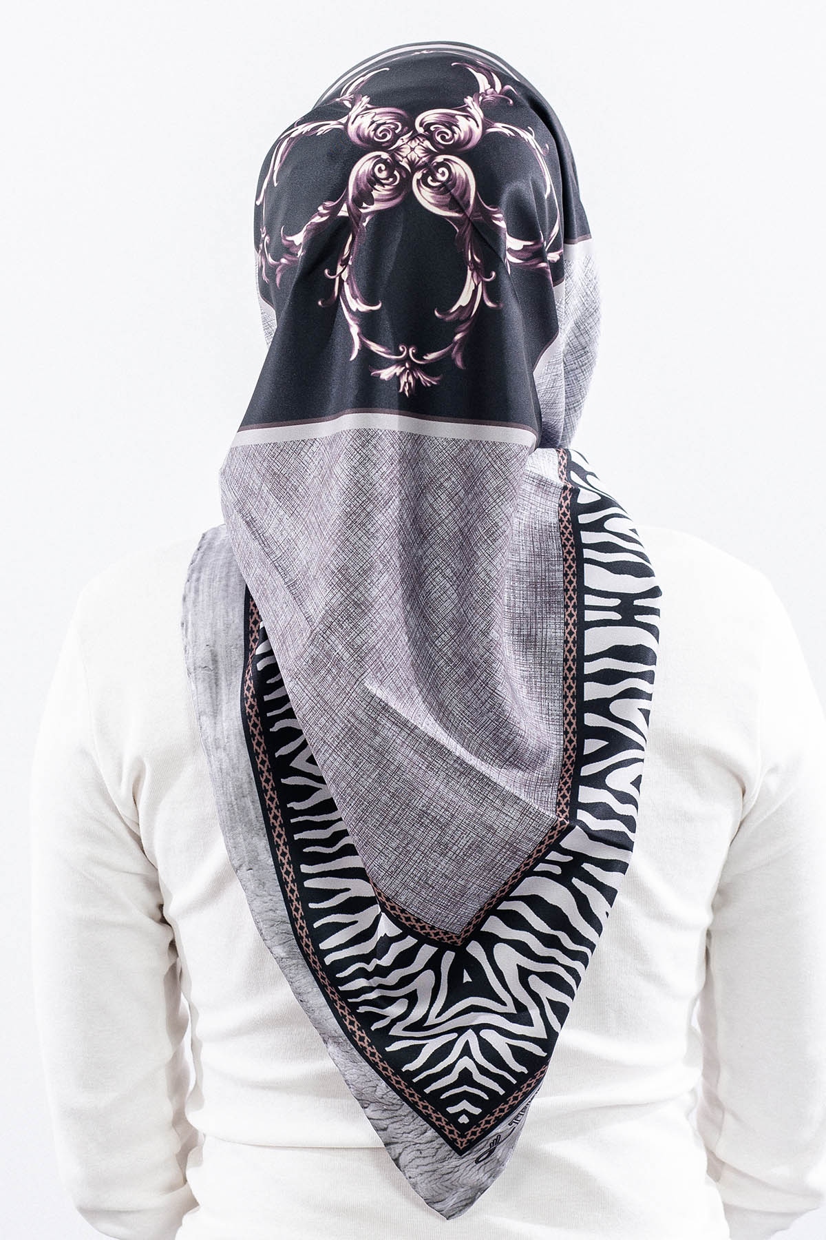 Dg14824 Eşarp Polyester Kumas Zincir Desen - Siyah_gri - 4