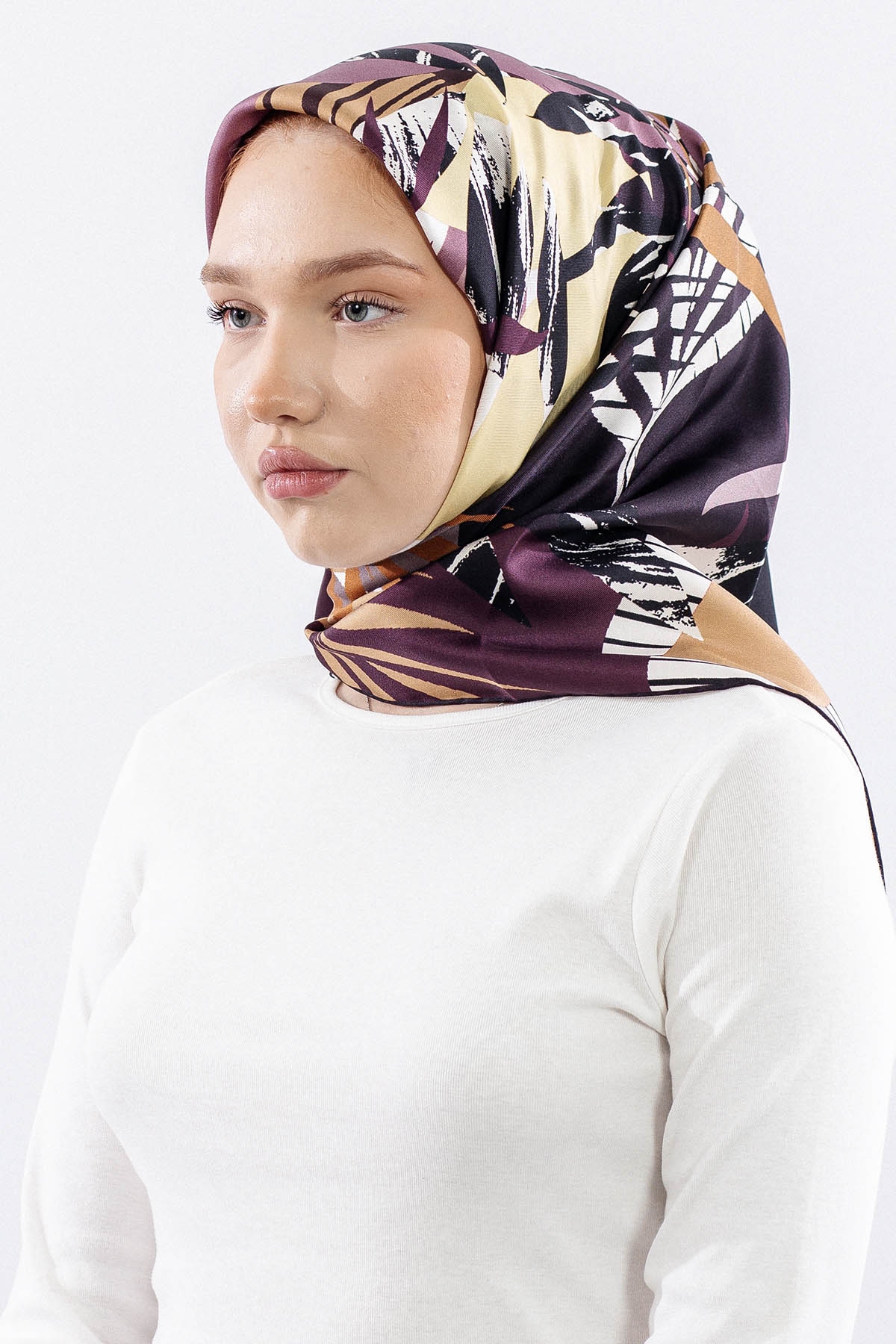 Dg14825 İpek Eşarp Palmiye Desen Tvil Kumas - Bordo - 2