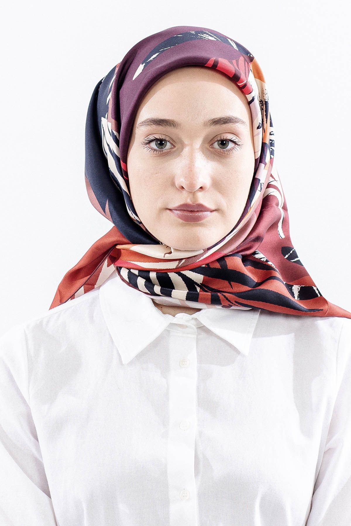 Dg14825 İpek Eşarp Palmiye Desen Tvil Kumas - Kiremit - 1