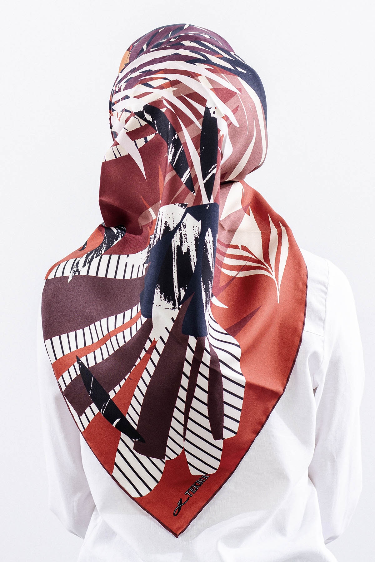 Dg14825 İpek Eşarp Palmiye Desen Tvil Kumas - Kiremit - 4