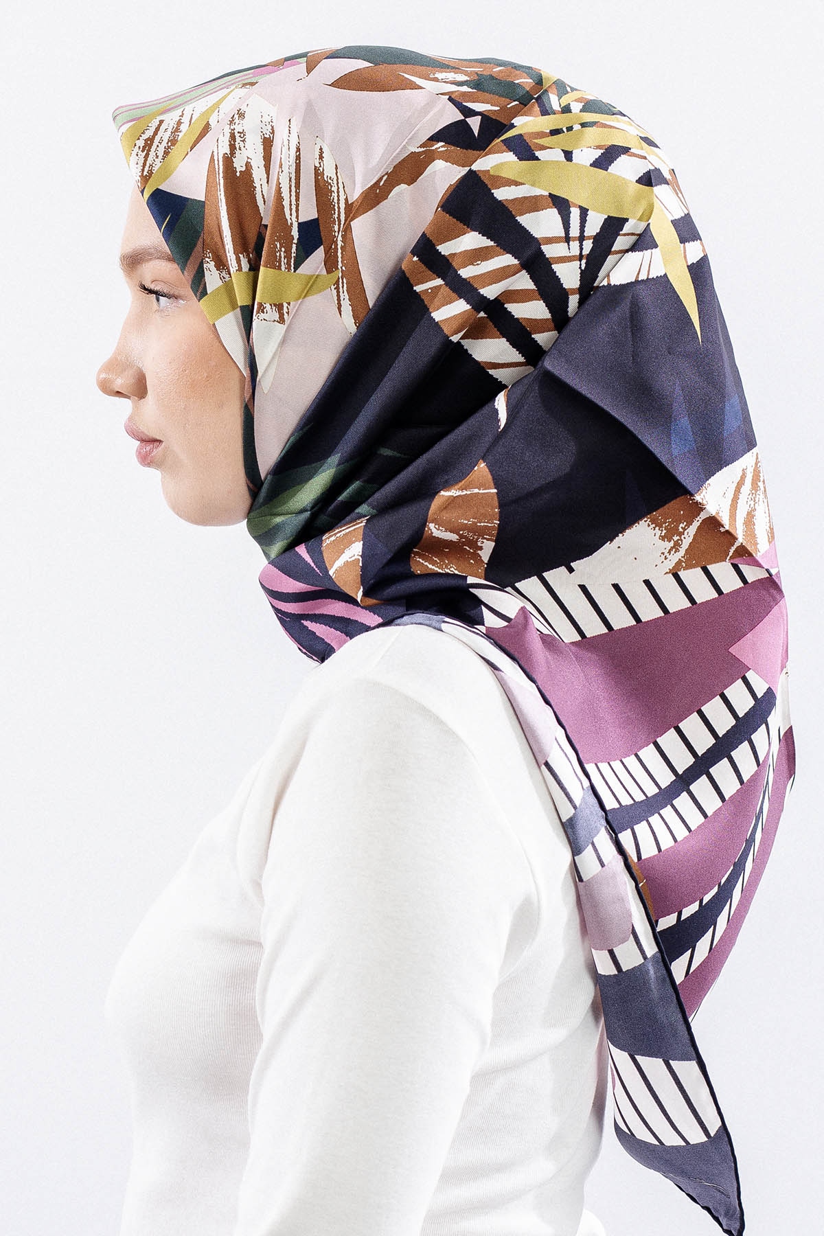 Dg14825 İpek Eşarp Palmiye Desen Tvil Kumas - Lacivert - 2