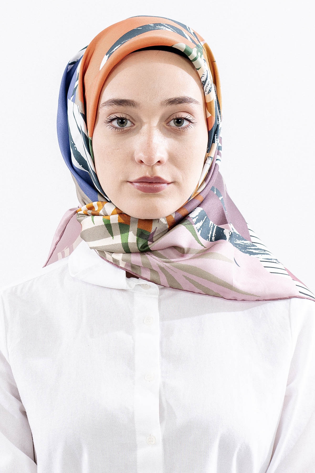 Dg14825 İpek Eşarp Palmiye Desen Tvil Kumas - Pudra - 1