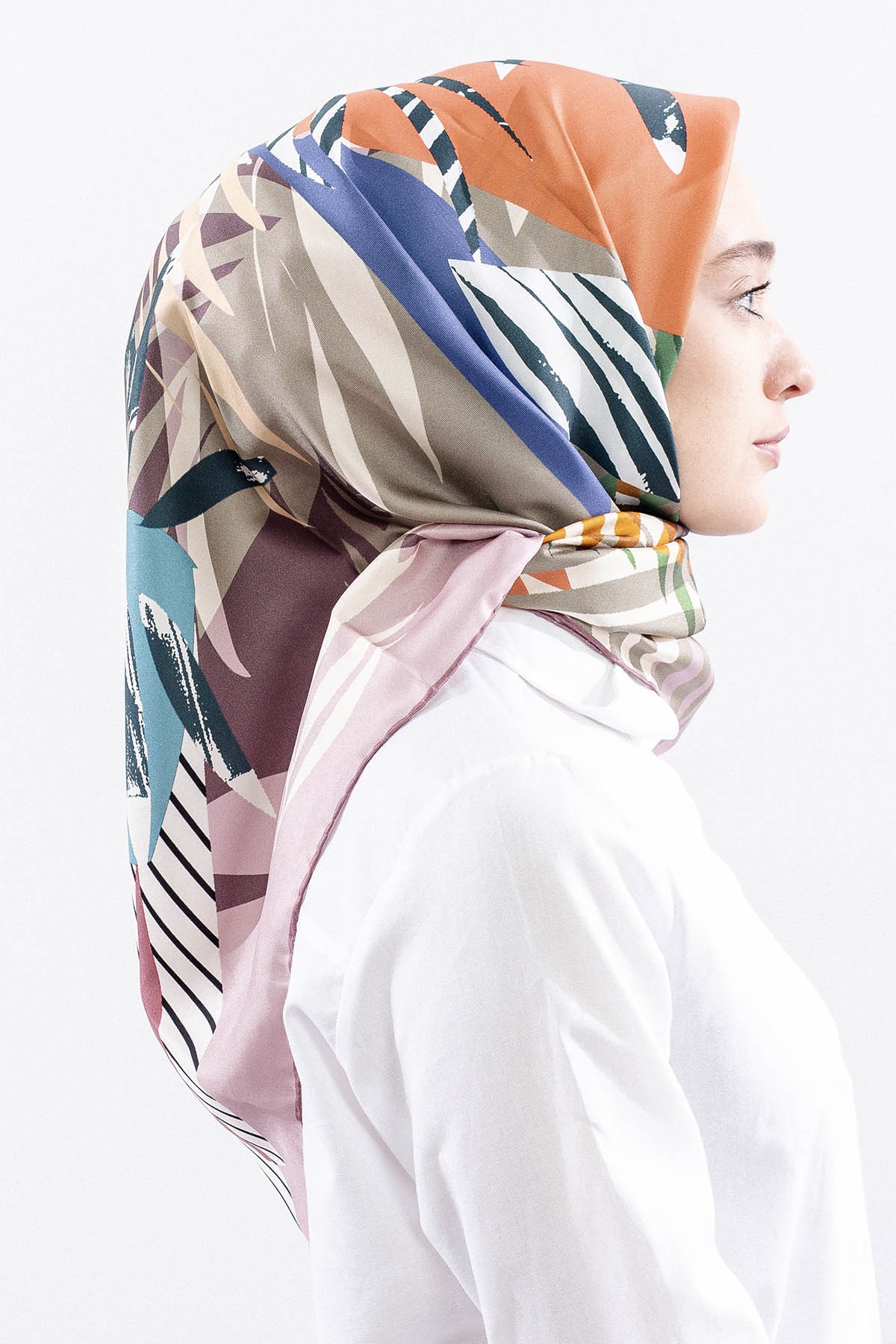 Dg14825 İpek Eşarp Palmiye Desen Tvil Kumas - Pudra - 3