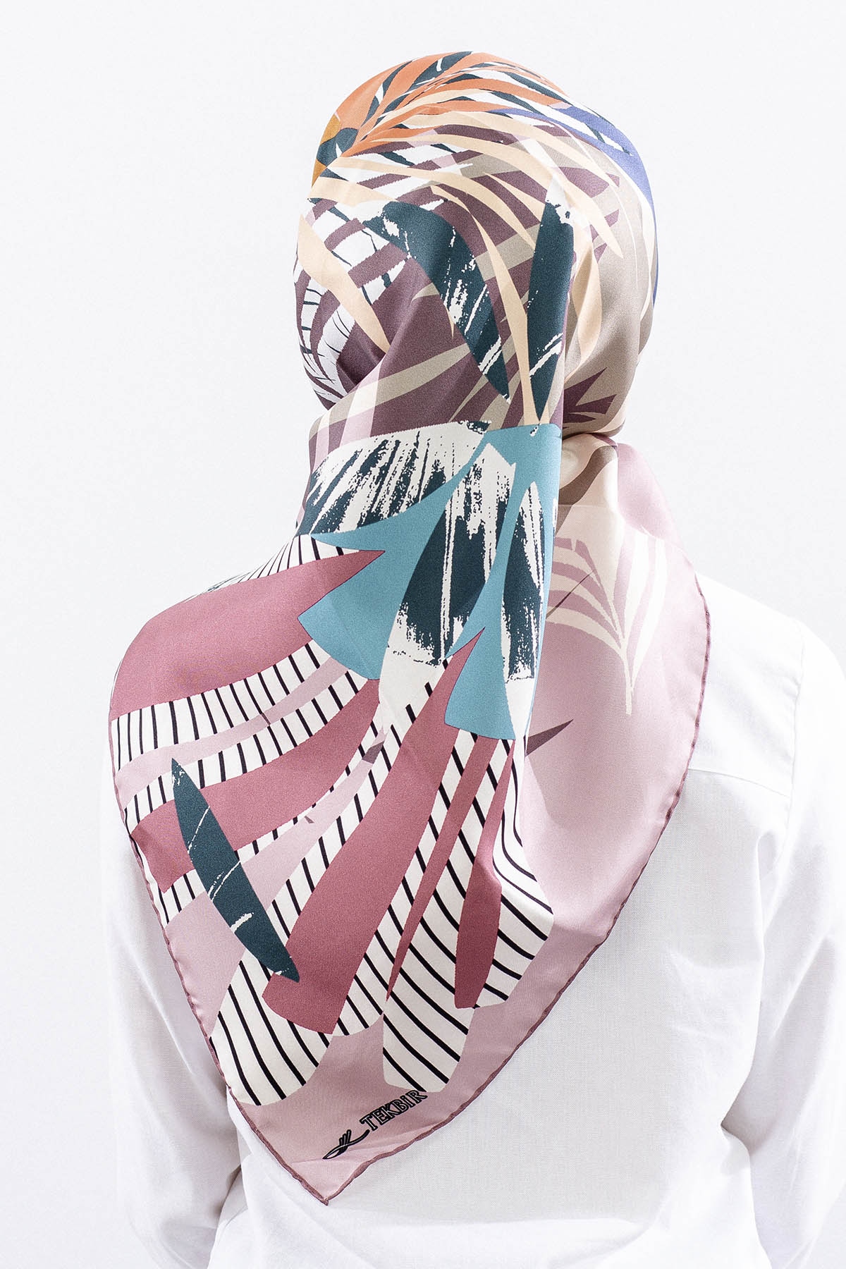 Dg14825 İpek Eşarp Palmiye Desen Tvil Kumas - Pudra - 4