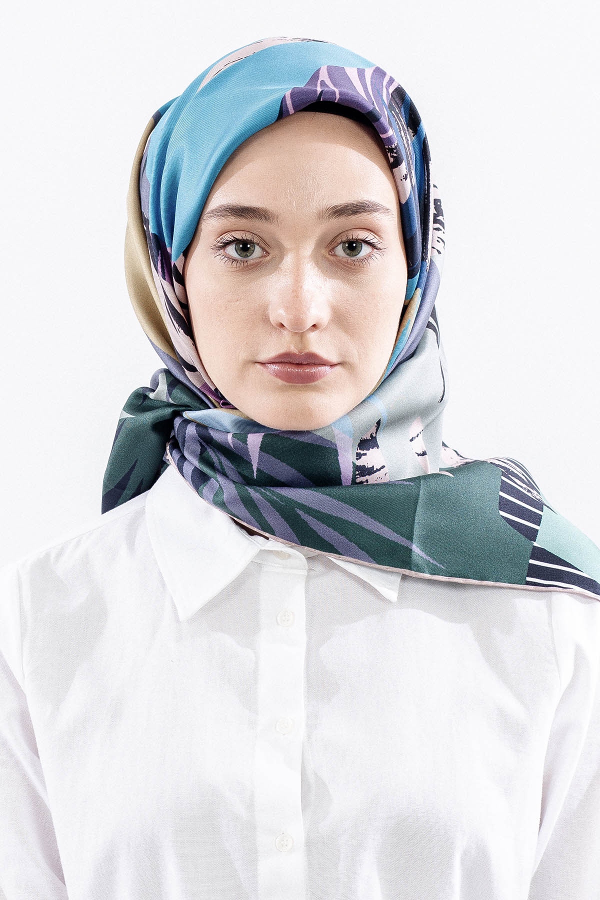 Dg14825 İpek Eşarp Palmiye Desen Tvil Kumas - Yesil - 1