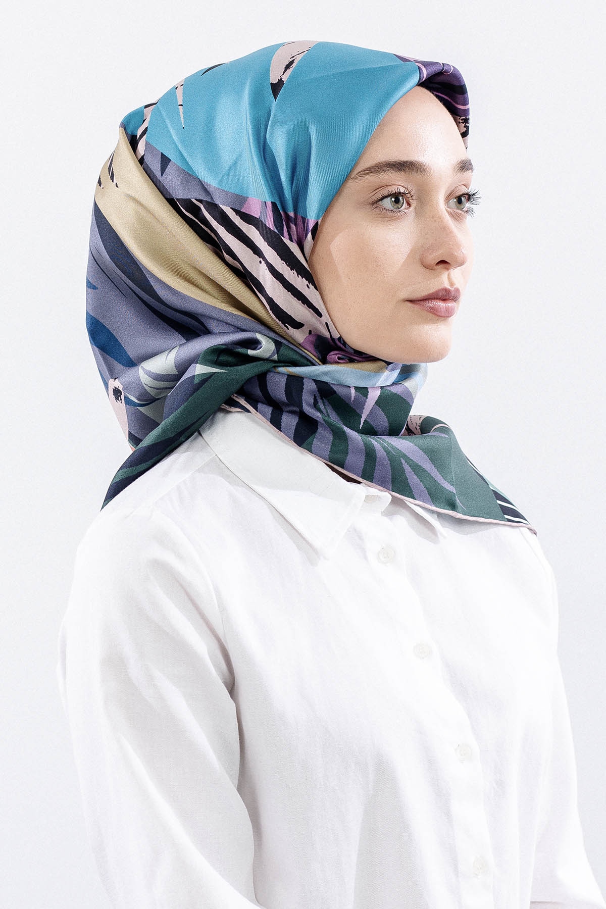 Dg14825 İpek Eşarp Palmiye Desen Tvil Kumas - Yesil - 2