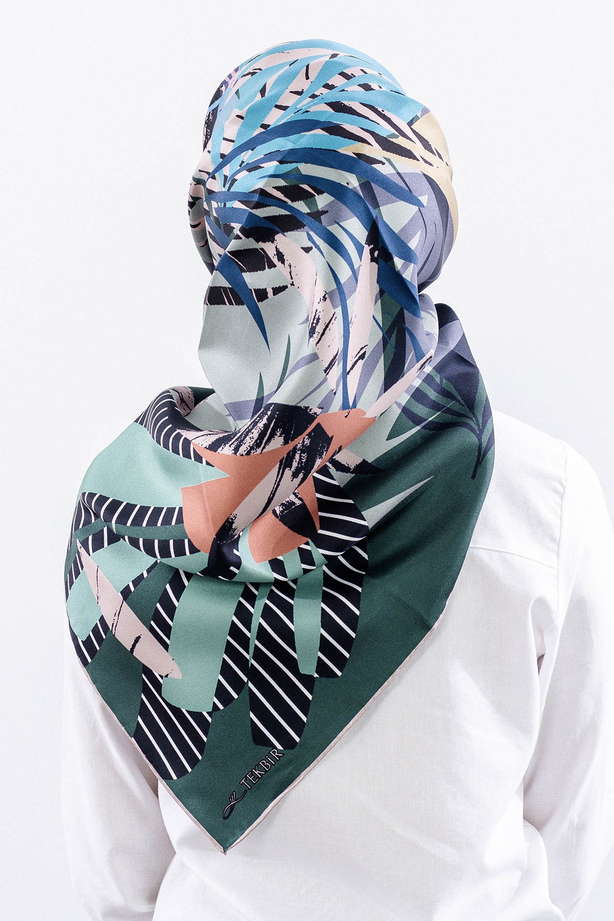 Dg14825 İpek Eşarp Palmiye Desen Tvil Kumas - Yesil - 4