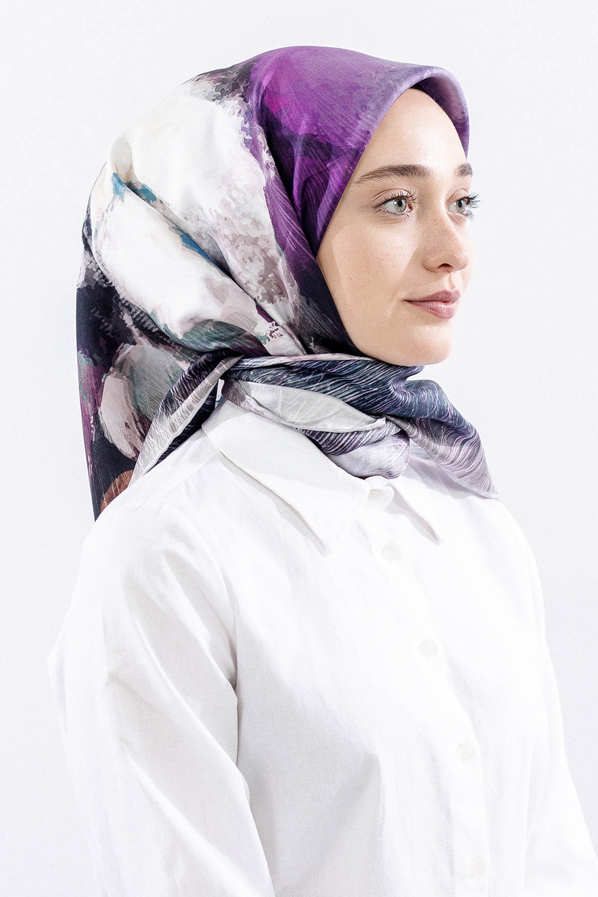 Dg14826 İpek Eşarp Flu Gul Tvil Kumas - Gri - 2