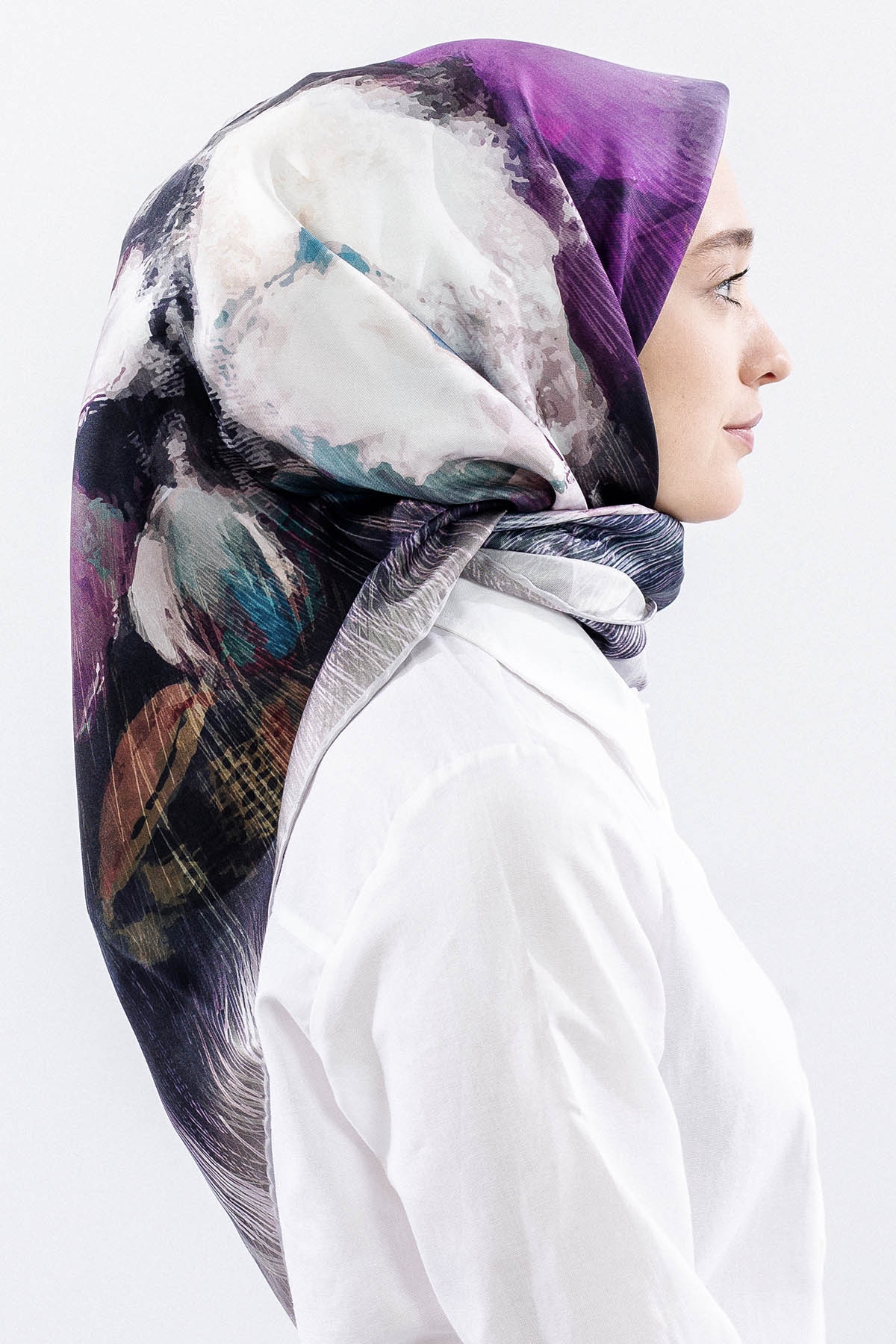 Dg14826 İpek Eşarp Flu Gul Tvil Kumas - Gri - 3