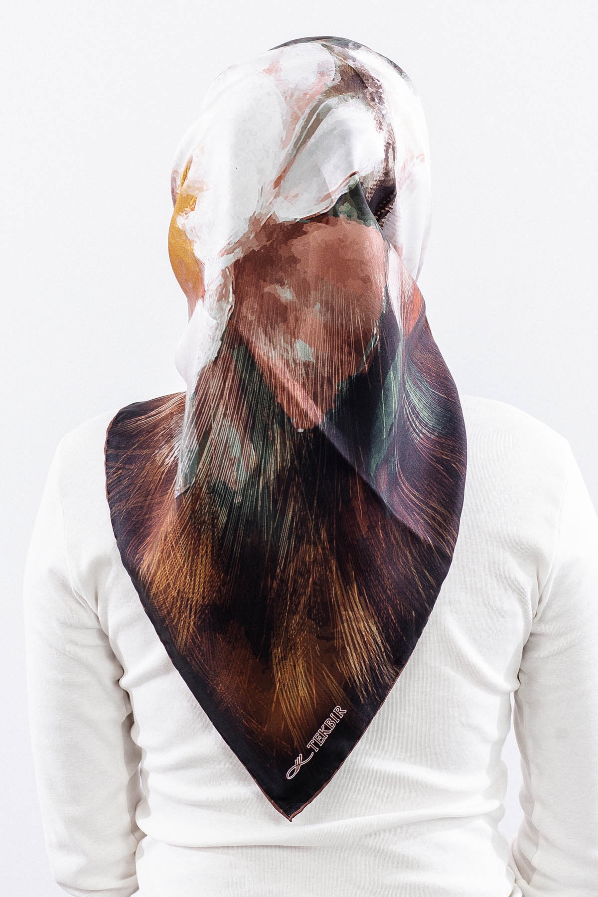 Dg14826 İpek Eşarp Flu Gul Tvil Kumas - Kahve - 4