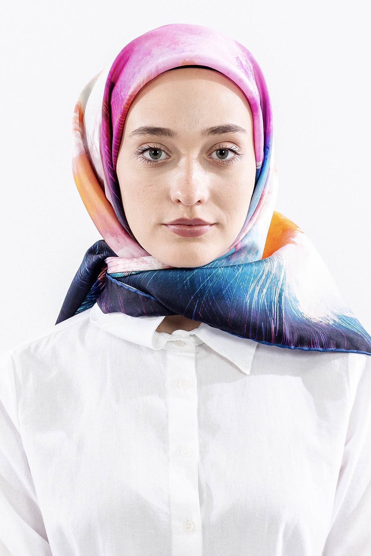 Dg14826 İpek Eşarp Flu Gul Tvil Kumas - Lacivert_fusya - 1