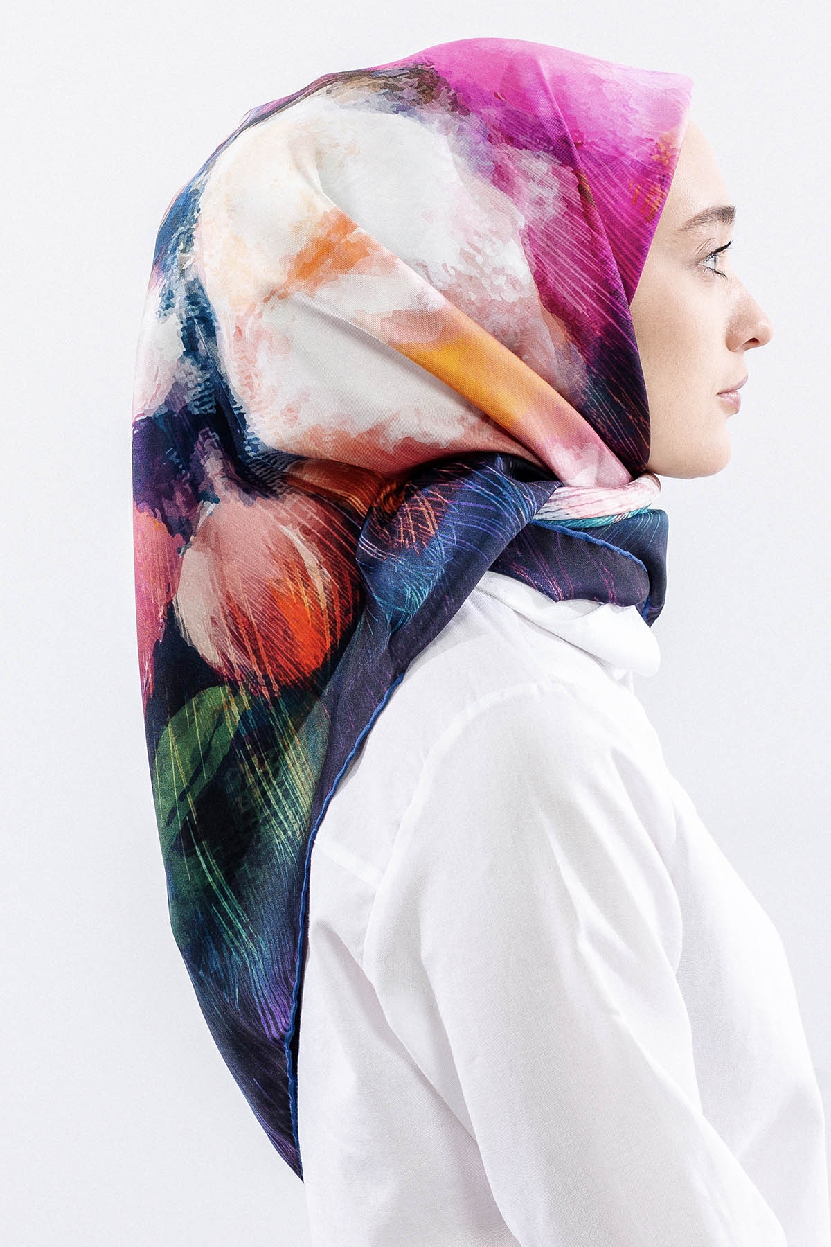 Dg14826 İpek Eşarp Flu Gul Tvil Kumas - Lacivert_fusya - 3