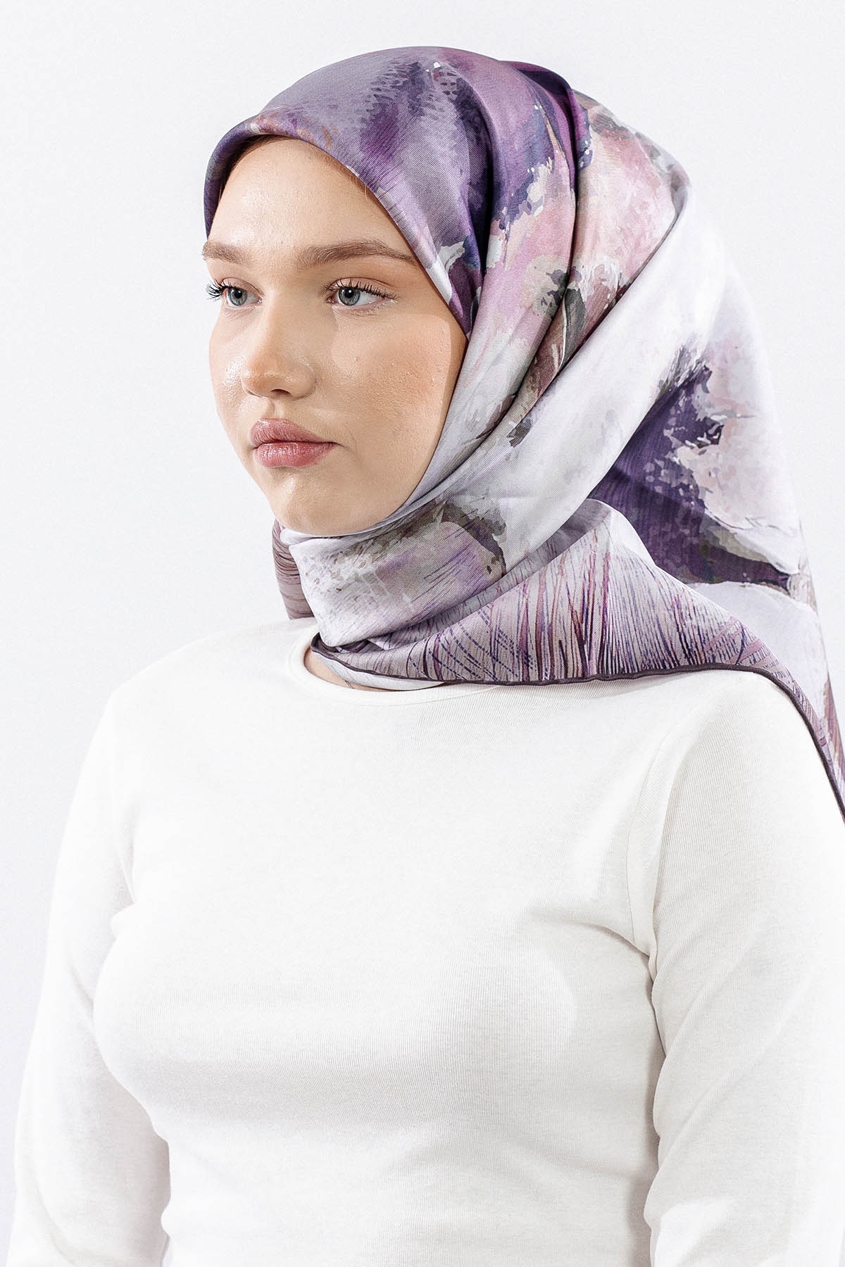 Dg14826 İpek Eşarp Flu Gul Tvil Kumas - Lila - 2