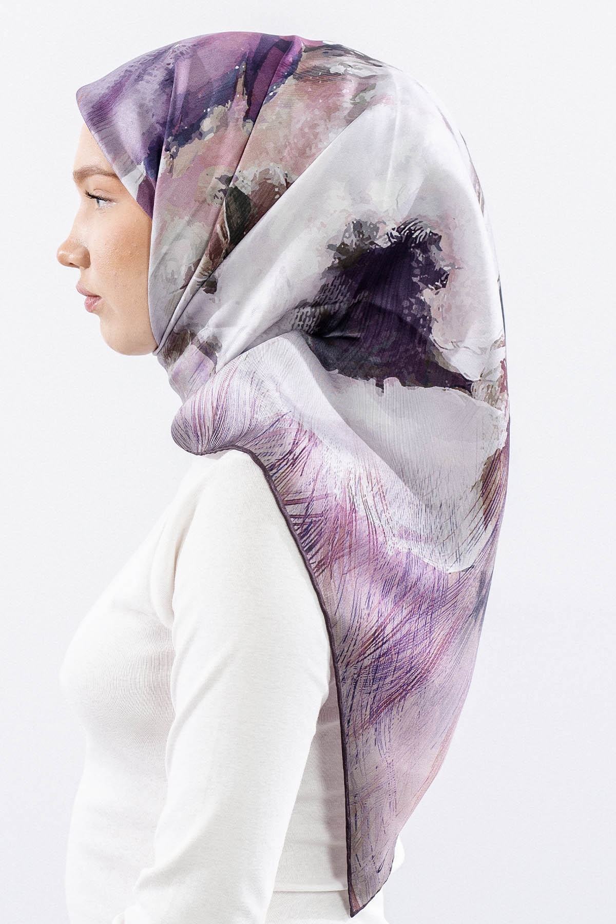 Dg14826 İpek Eşarp Flu Gul Tvil Kumas - Lila - 3