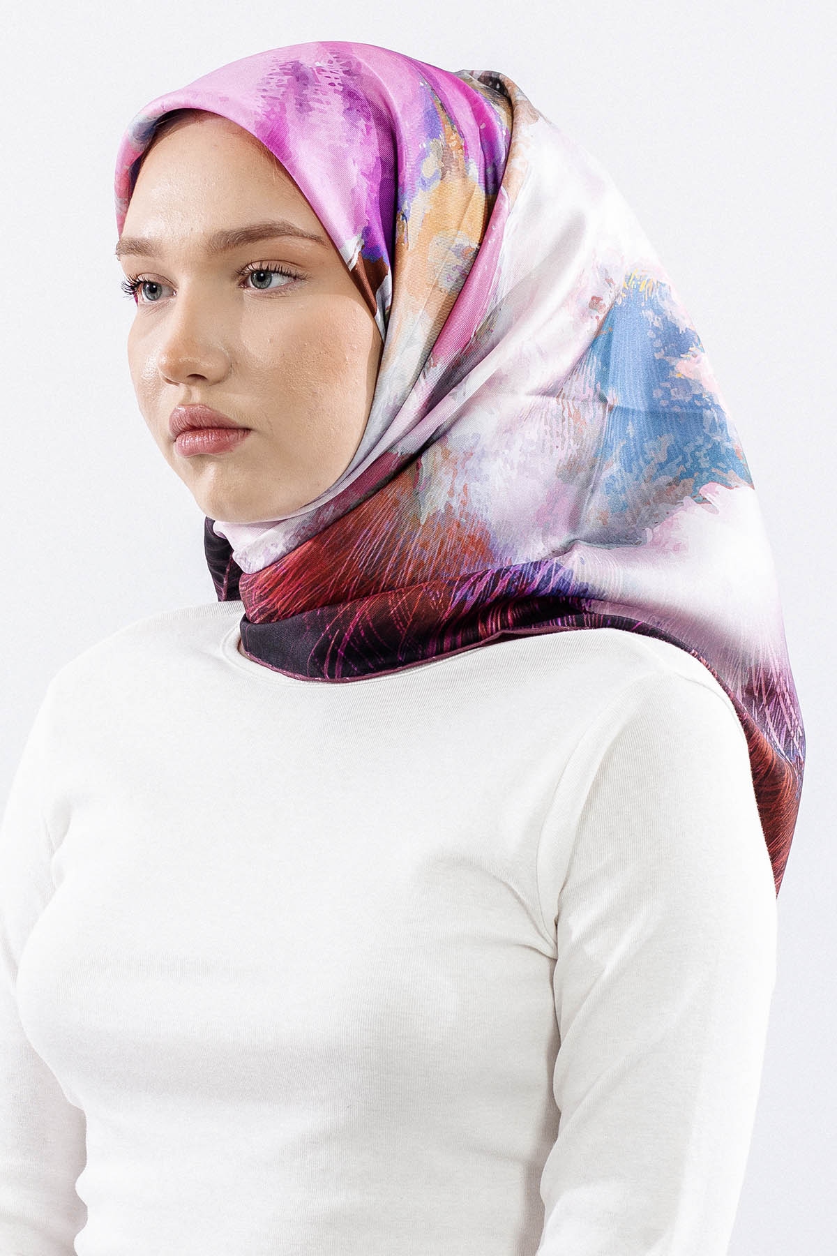 Dg14826 İpek Eşarp Flu Gul Tvil Kumas - Visne - 2