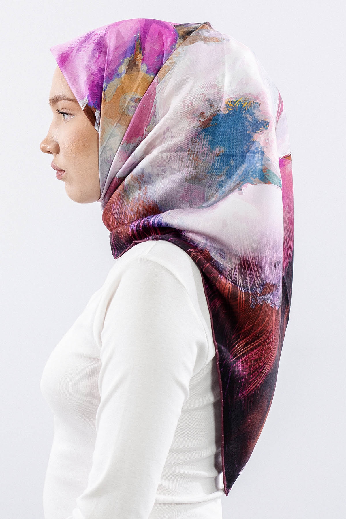 Dg14826 İpek Eşarp Flu Gul Tvil Kumas - Visne - 3