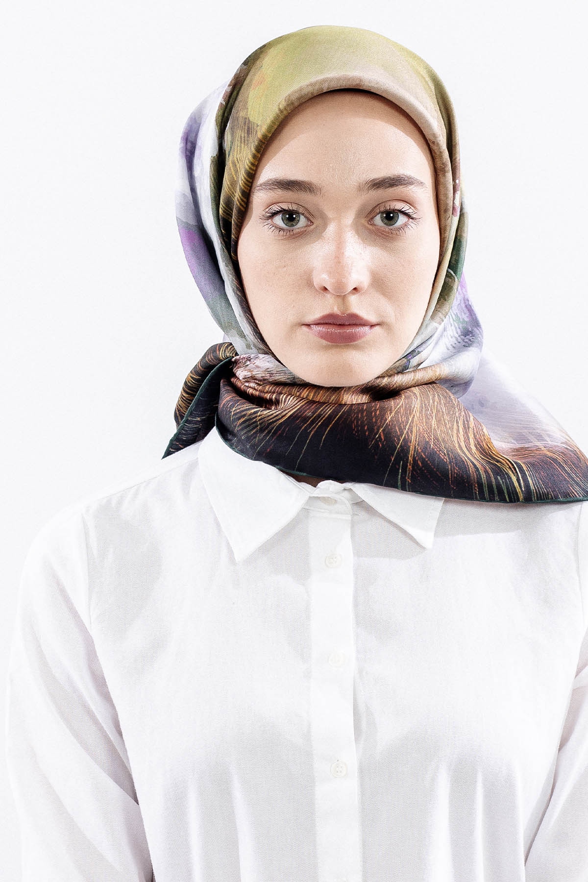 Dg14826 İpek Eşarp Flu Gul Tvil Kumas - Yesil - 1