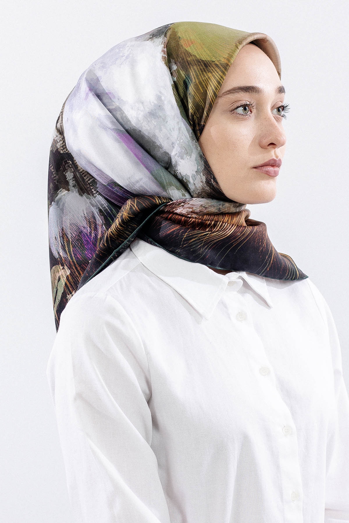 Dg14826 İpek Eşarp Flu Gul Tvil Kumas - Yesil - 2