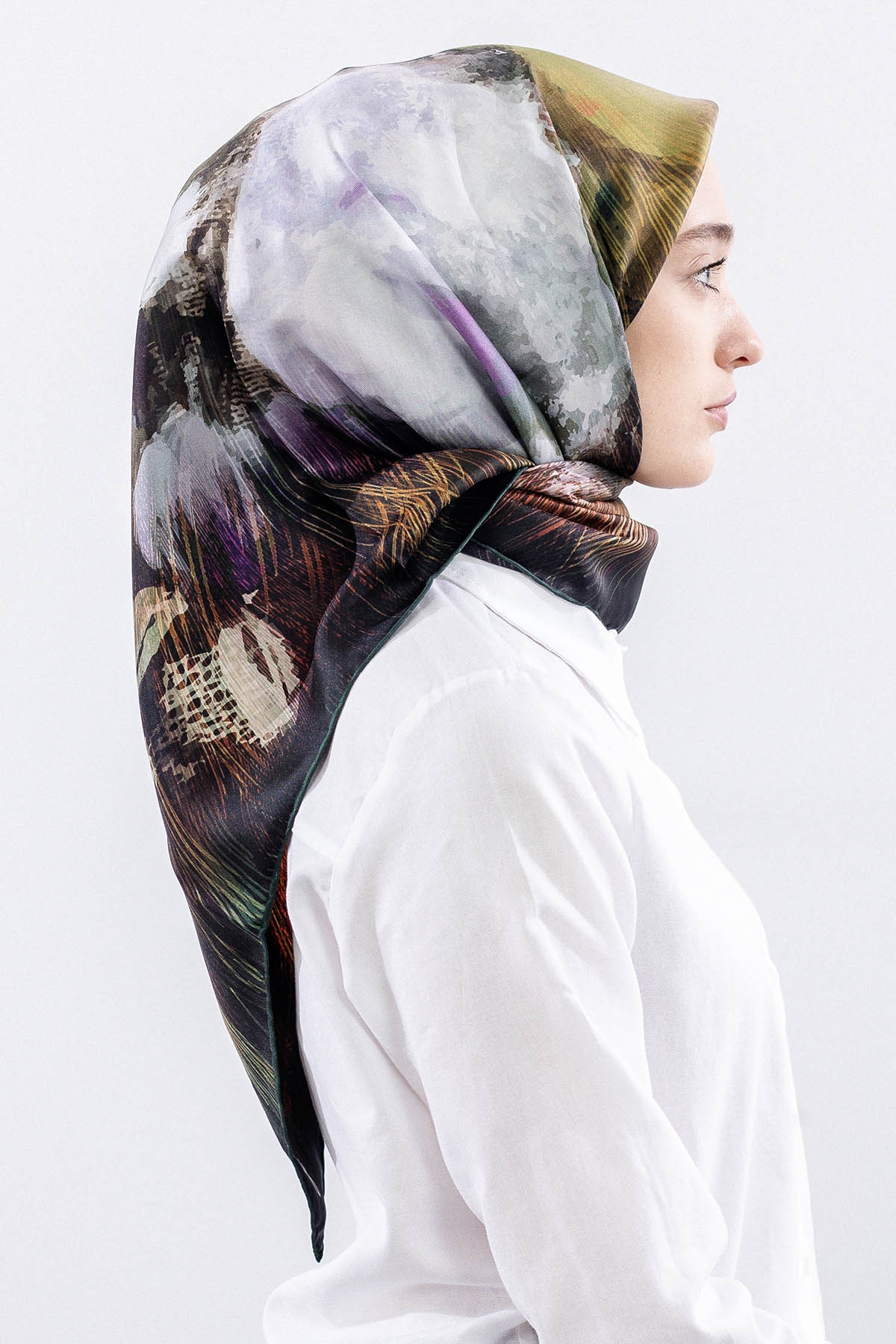 Dg14826 İpek Eşarp Flu Gul Tvil Kumas - Yesil - 3