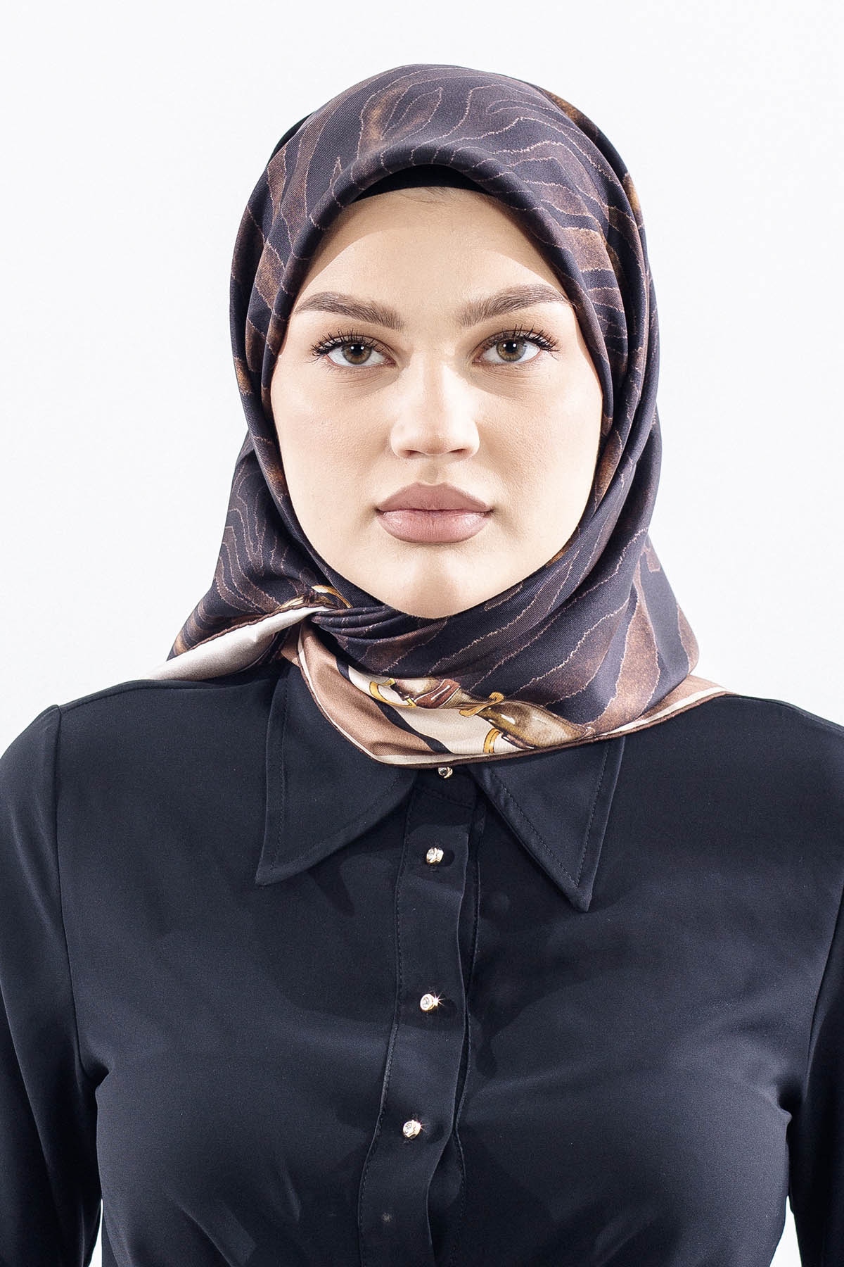 Dg14827 İpek Eşarp Tvil Kumas Zincir Zebra Desen - Kahve - 1