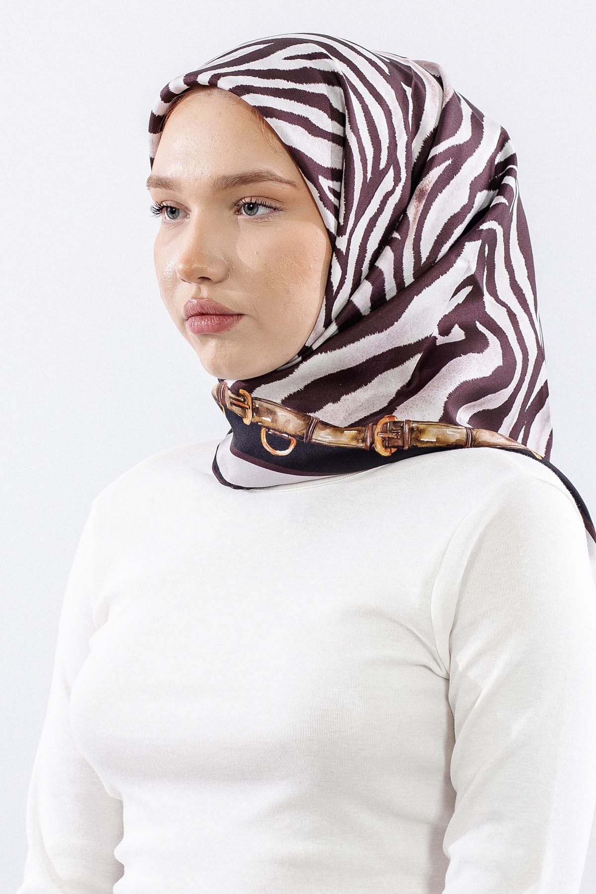 Dg14827 İpek Eşarp Zebra Desen Tvil Kumas - Gri_kahve - 2