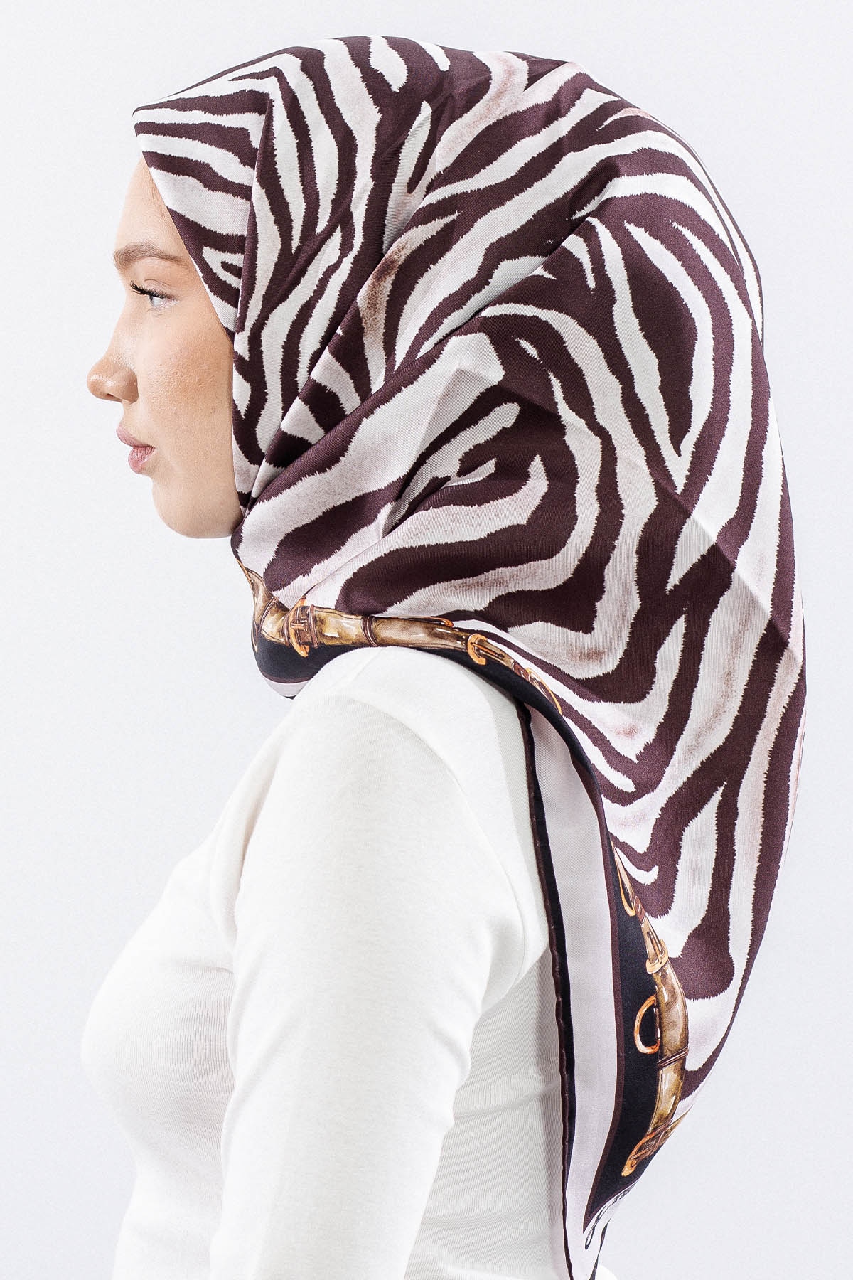 Dg14827 İpek Eşarp Zebra Desen Tvil Kumas - Gri_kahve - 3