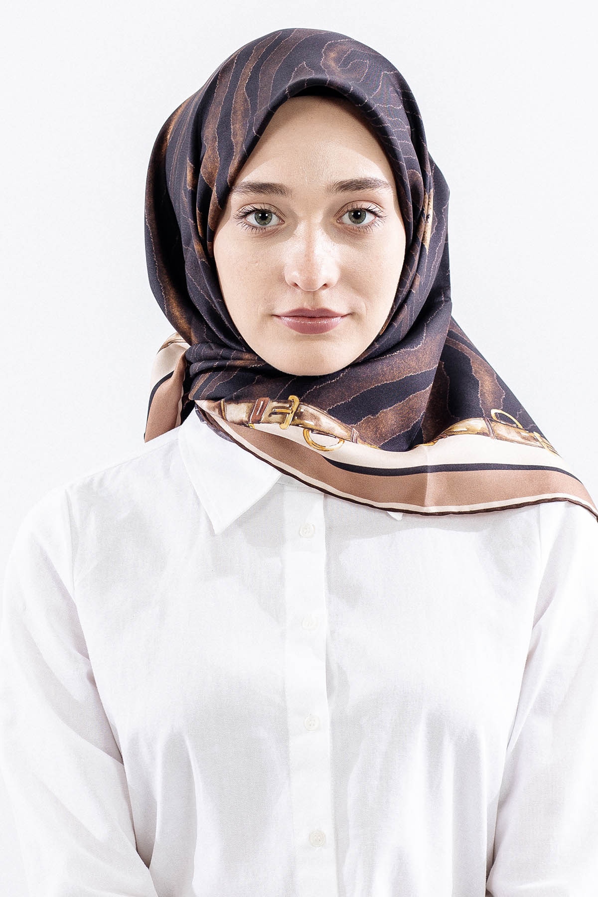 Dg14827 İpek Eşarp Zebra Desen Tvil Kumas - Kahve - 1