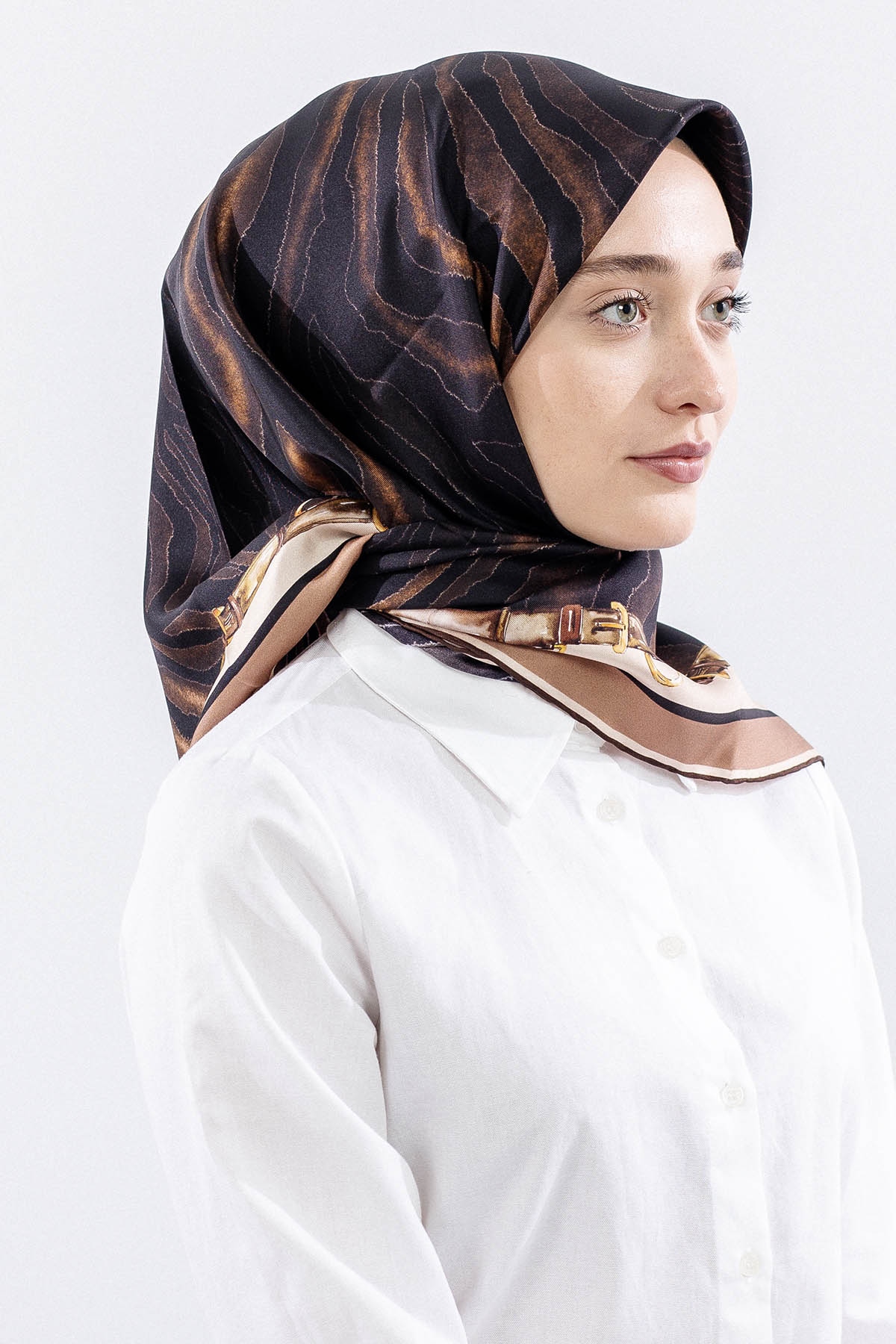 Dg14827 İpek Eşarp Zebra Desen Tvil Kumas - Kahve - 2