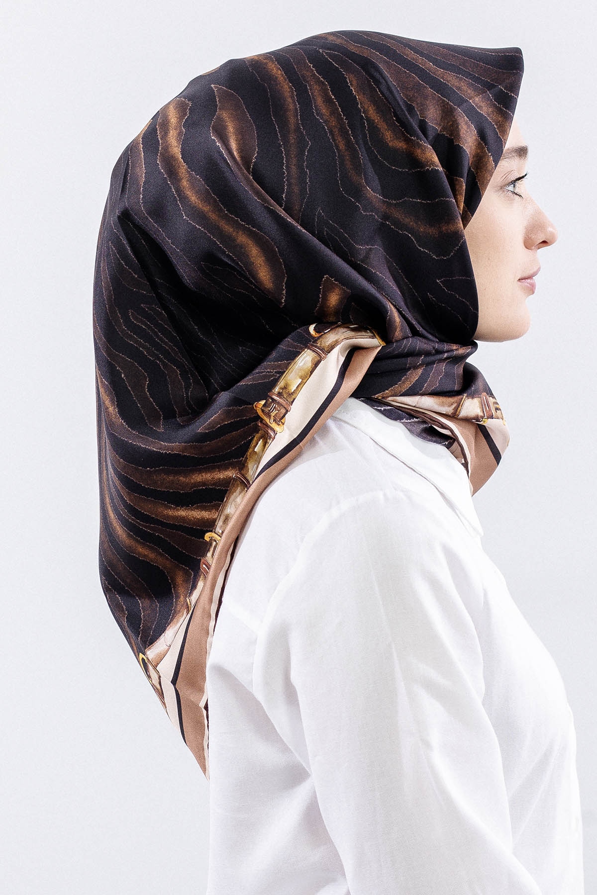 Dg14827 İpek Eşarp Zebra Desen Tvil Kumas - Kahve - 3