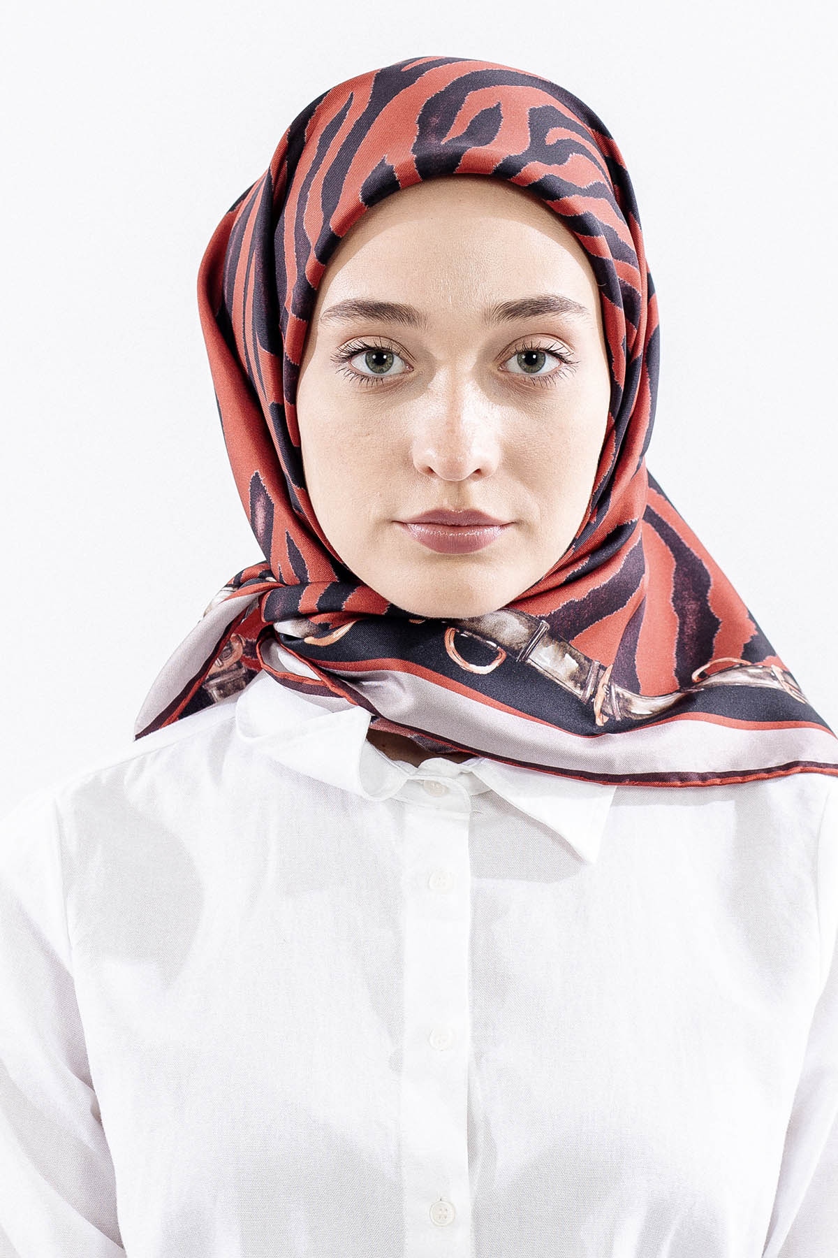 Dg14827 İpek Eşarp Zebra Desen Tvil Kumas - Kiremit - 1