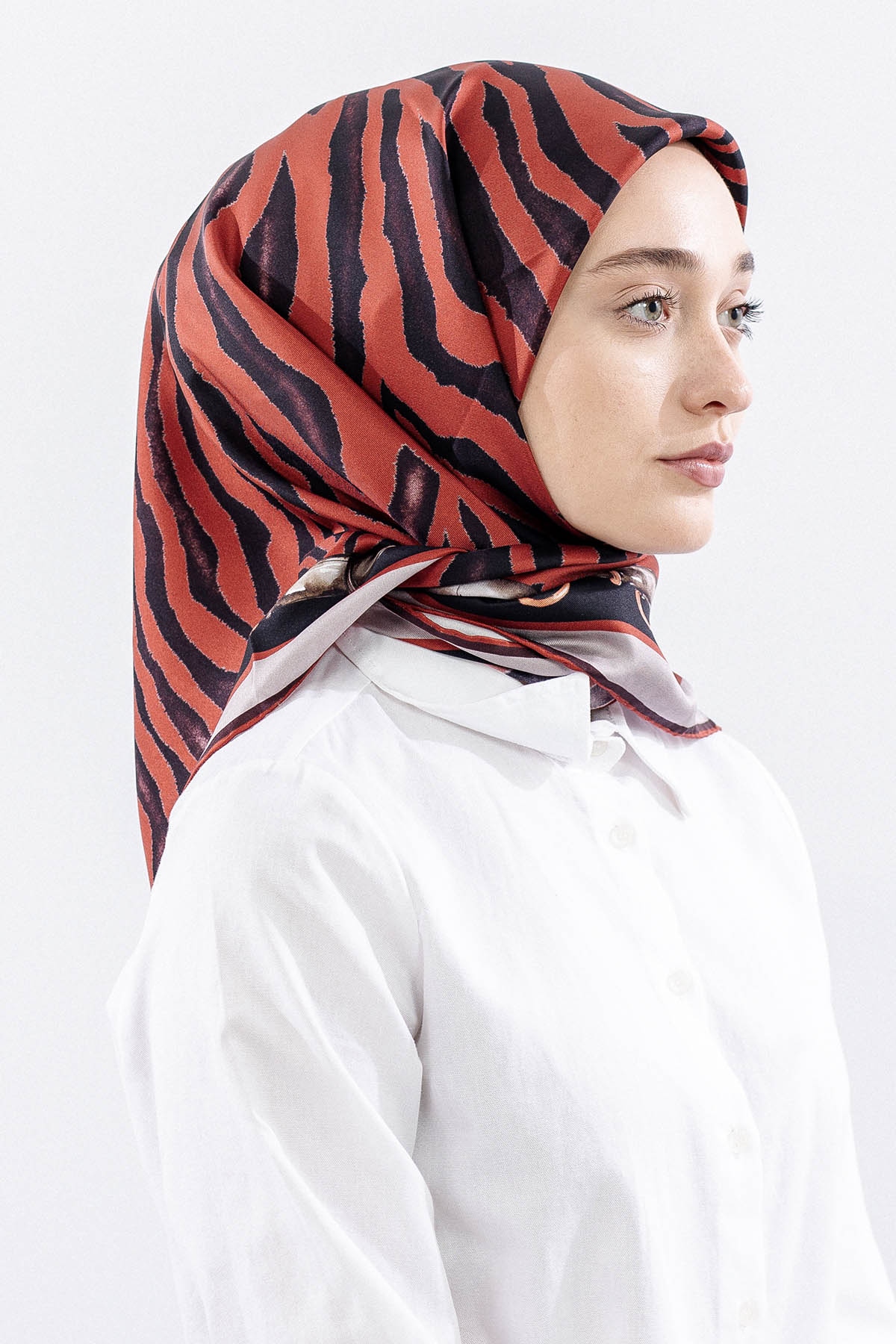 Dg14827 İpek Eşarp Zebra Desen Tvil Kumas - Kiremit - 2