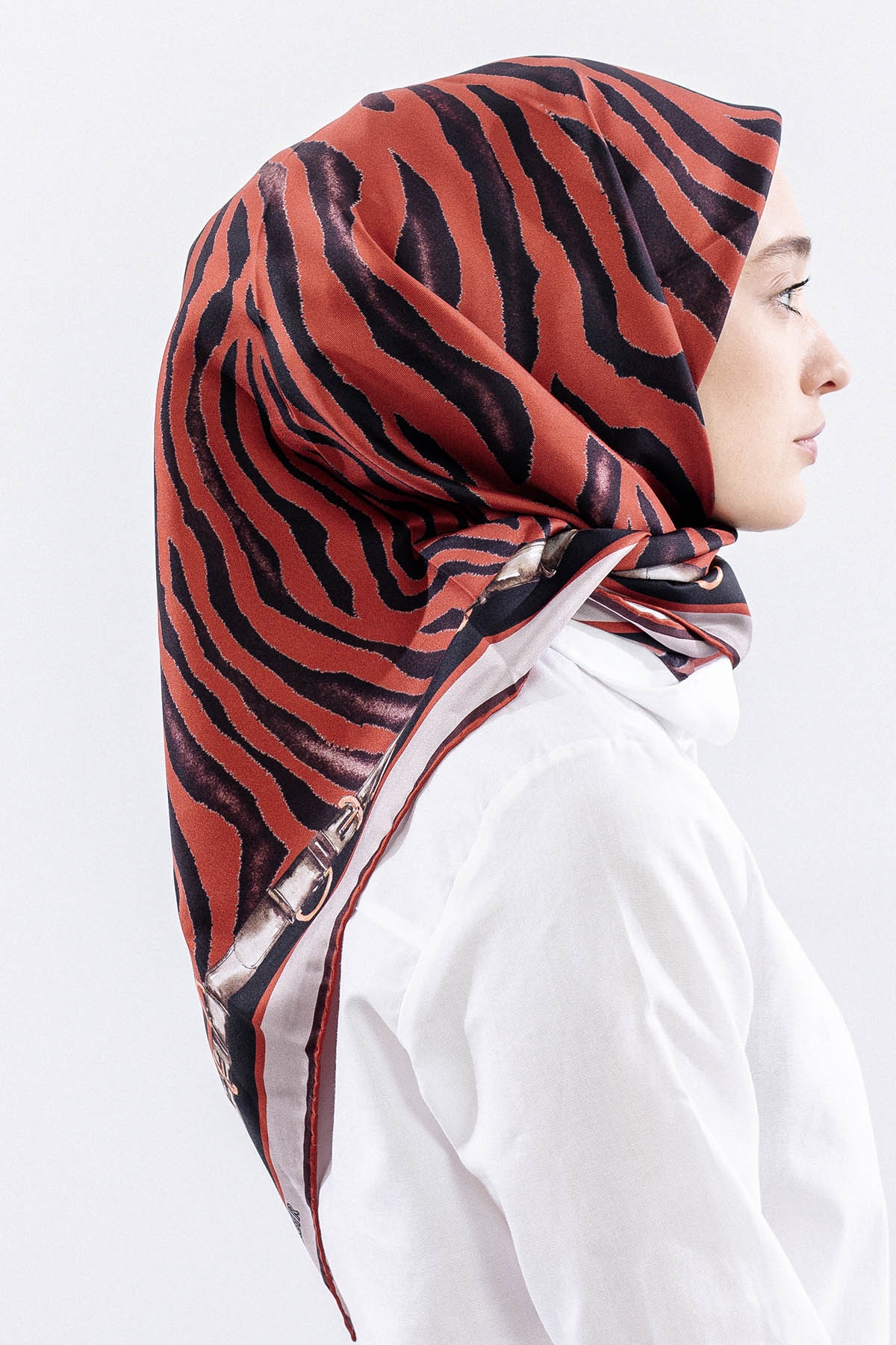 Dg14827 İpek Eşarp Zebra Desen Tvil Kumas - Kiremit - 3