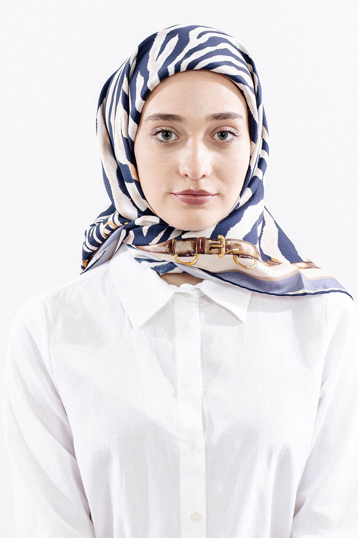 Dg14827 İpek Eşarp Zebra Desen Tvil Kumas - Lacivert - 1