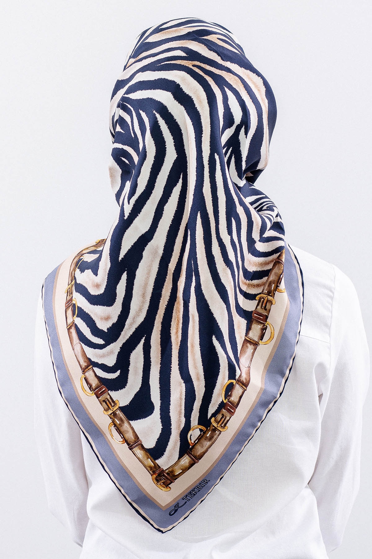 Dg14827 İpek Eşarp Zebra Desen Tvil Kumas - Lacivert - 4