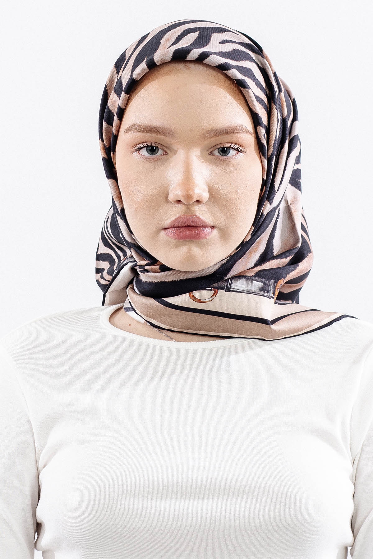 Dg14827 İpek Eşarp Zebra Desen Tvil Kumas - Siyah_vizon - 1