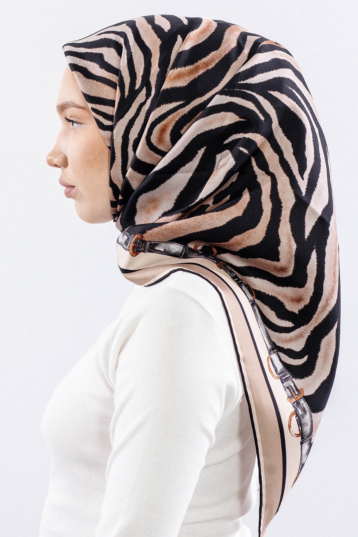 Dg14827 İpek Eşarp Zebra Desen Tvil Kumas - Siyah_vizon - 3