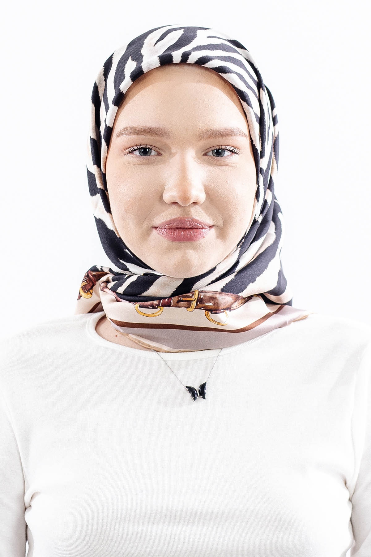 Dg14827 İpek Eşarp Zebra Desen Tvil Kumas - Vizon - 1