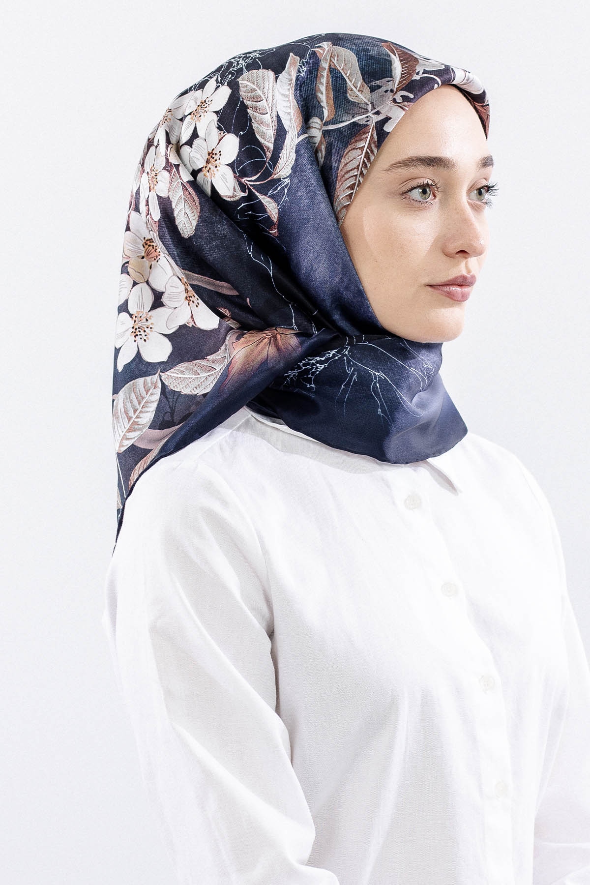 Dg14828 İpek Eşarp Cicek Dali Tvil Kumas - Antrasit - 2