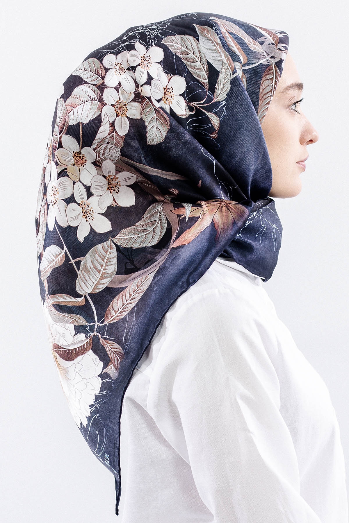 Dg14828 İpek Eşarp Cicek Dali Tvil Kumas - Antrasit - 3