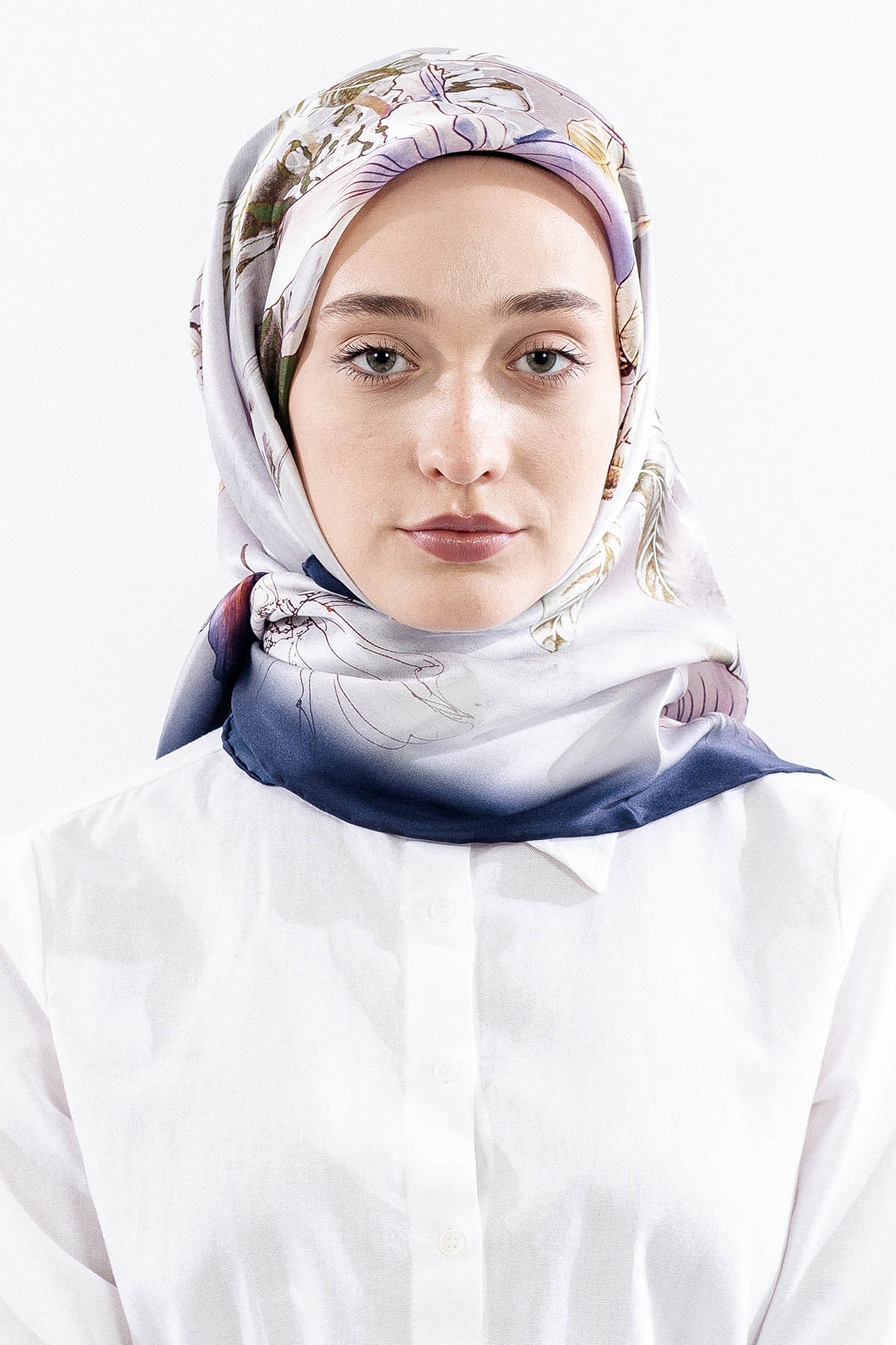 Dg14828 İpek Eşarp Cicek Dali Tvil Kumas - Ekru_lacivert - 1