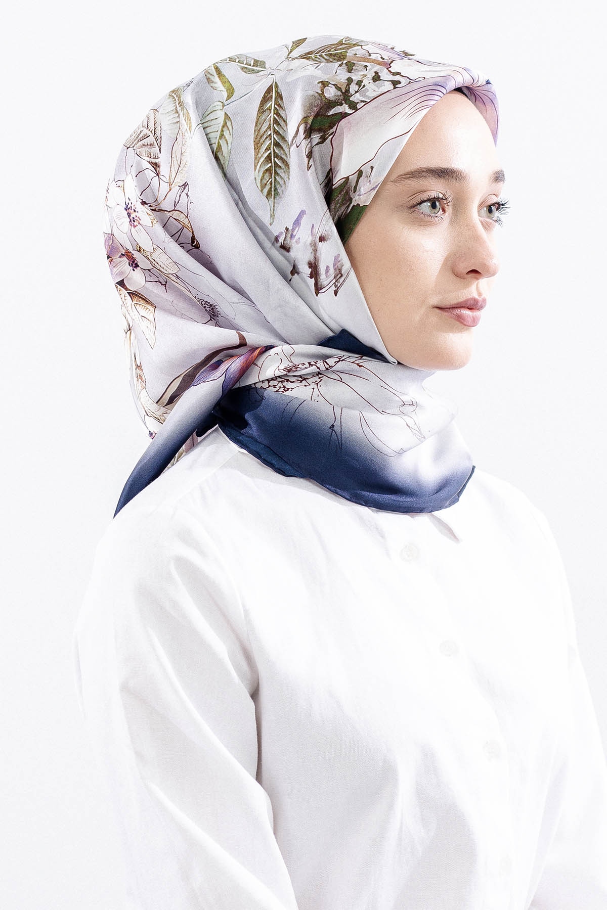 Dg14828 İpek Eşarp Cicek Dali Tvil Kumas - Ekru_lacivert - 2