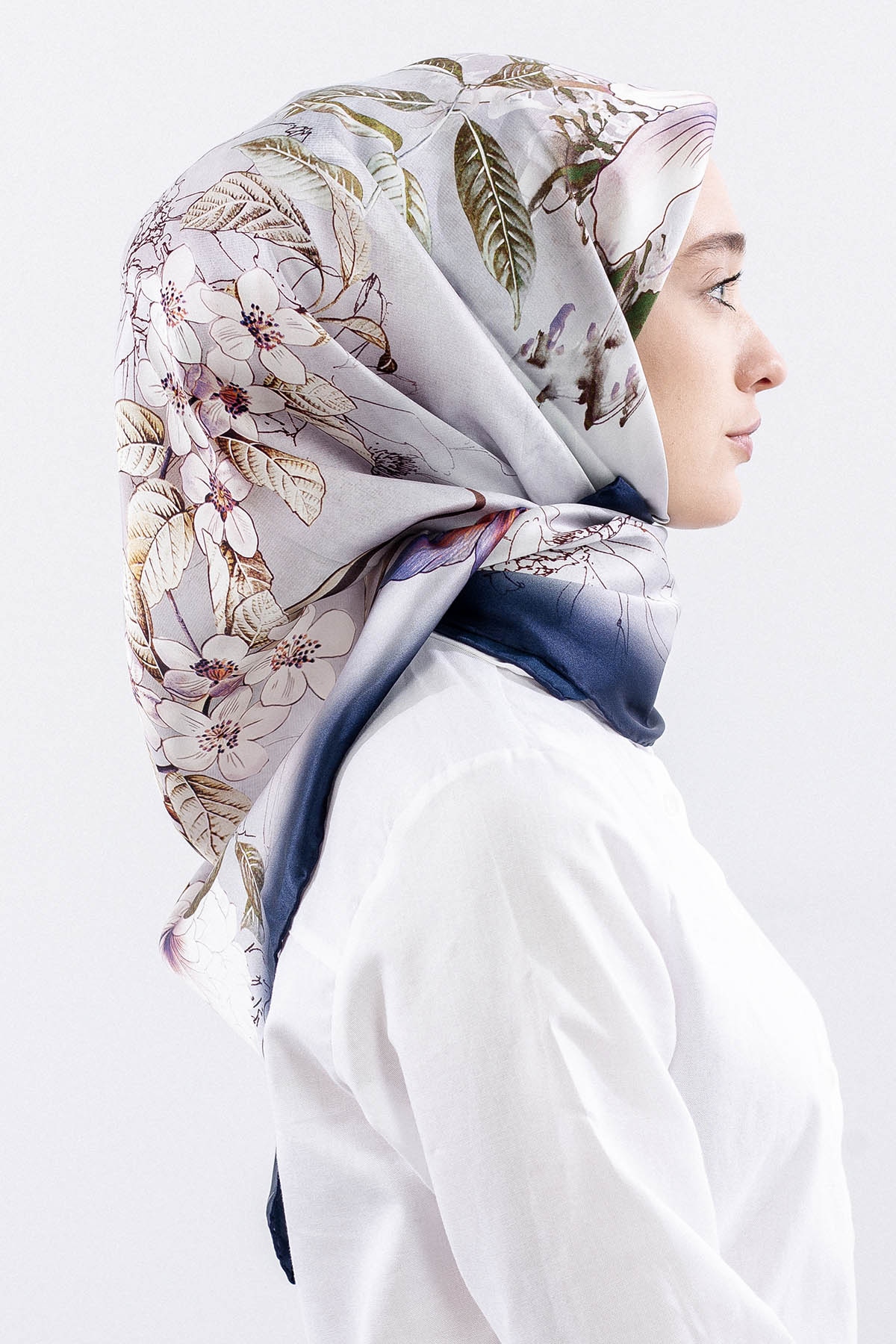 Dg14828 İpek Eşarp Cicek Dali Tvil Kumas - Ekru_lacivert - 3